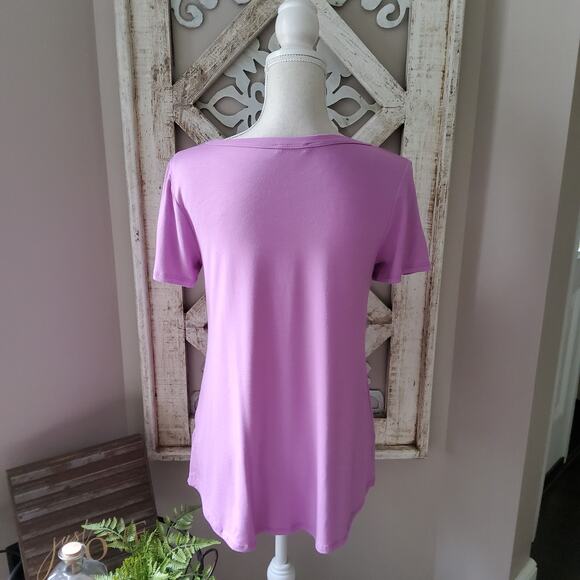 Women's Short Sleeve Relaxed Fit T-Shirt Tee Top with Criss Cross V-Neck Purple - Picture 5 of 12